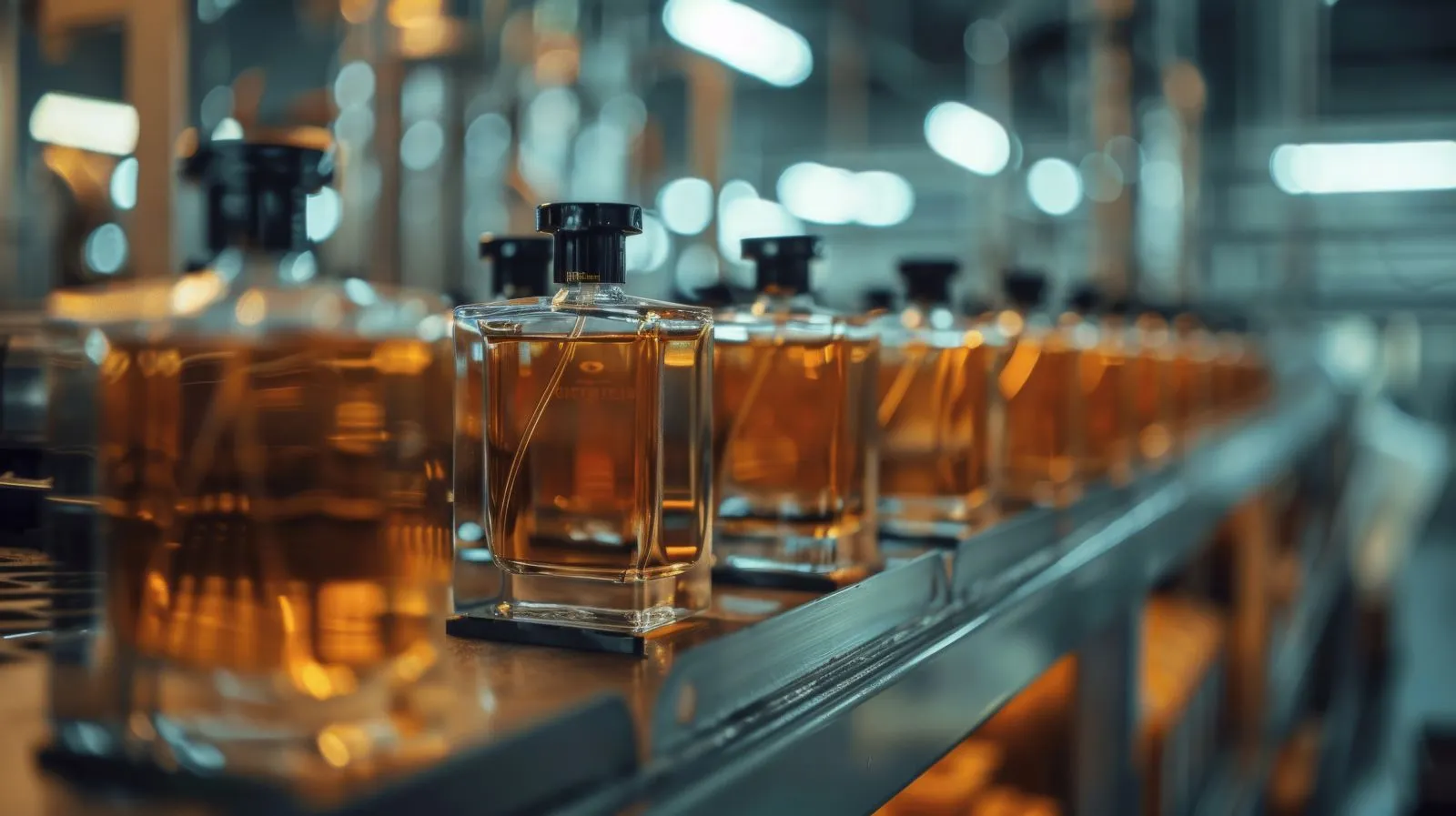 Perfume bottles moving along a production line ready for export