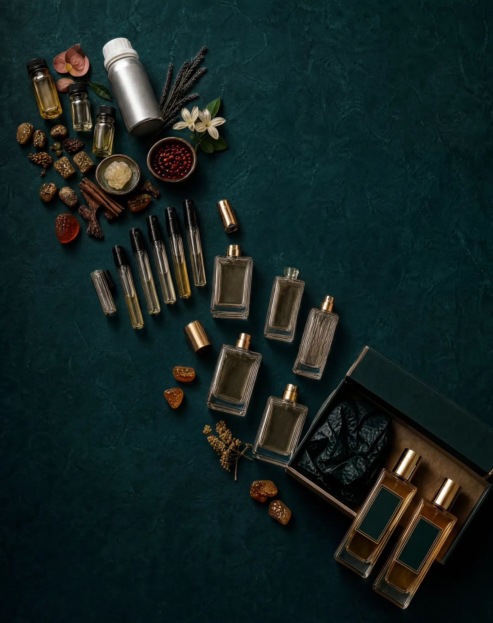 Three elegant glass perfume bottles with hexagonal caps on a dark teal marble surface