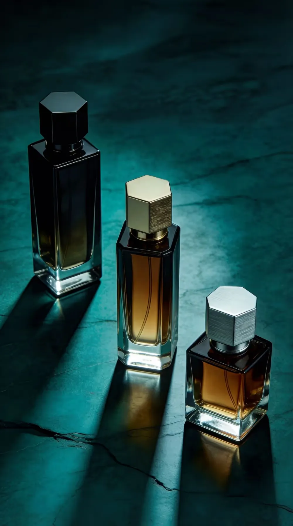 Three perfume bottles at different fragrance concentrations